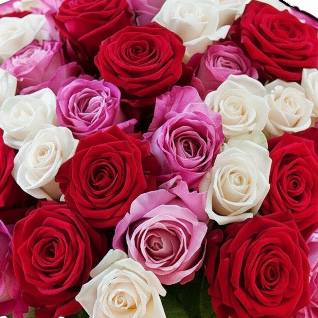 Flower Station Fifth Avenue bouquet of mixed red, pink, and white Ecuadorian roses with a satin ribbon.