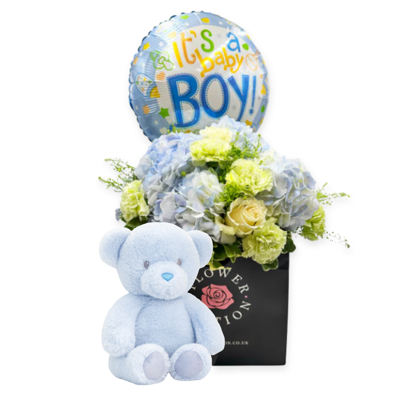 New Baby Boy Gift Set with Flowers Bouquet and Bear